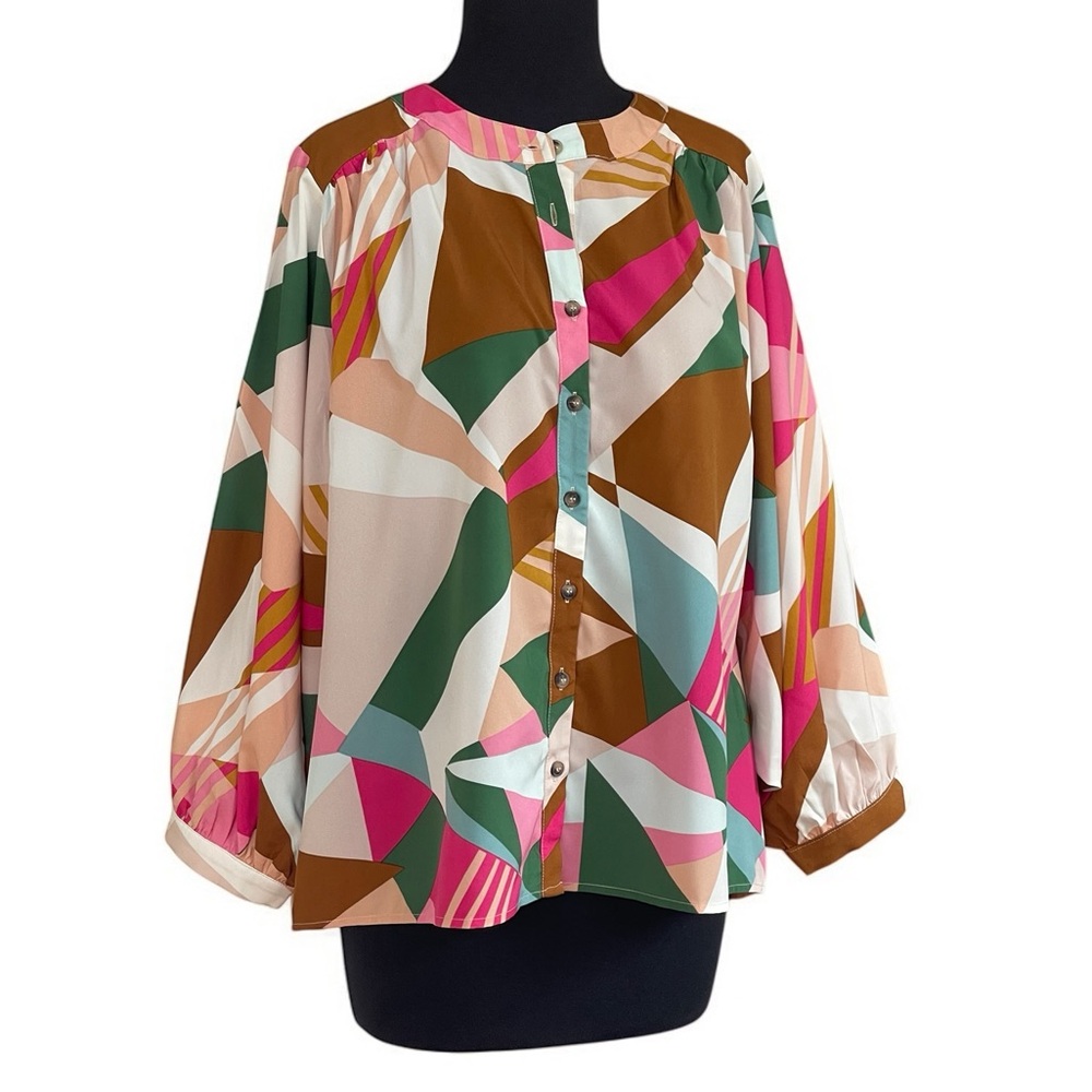 JODIFL Lonely As It Gets Fuchsia Mix Abstract Print Top Sz M Dolman Sleeves